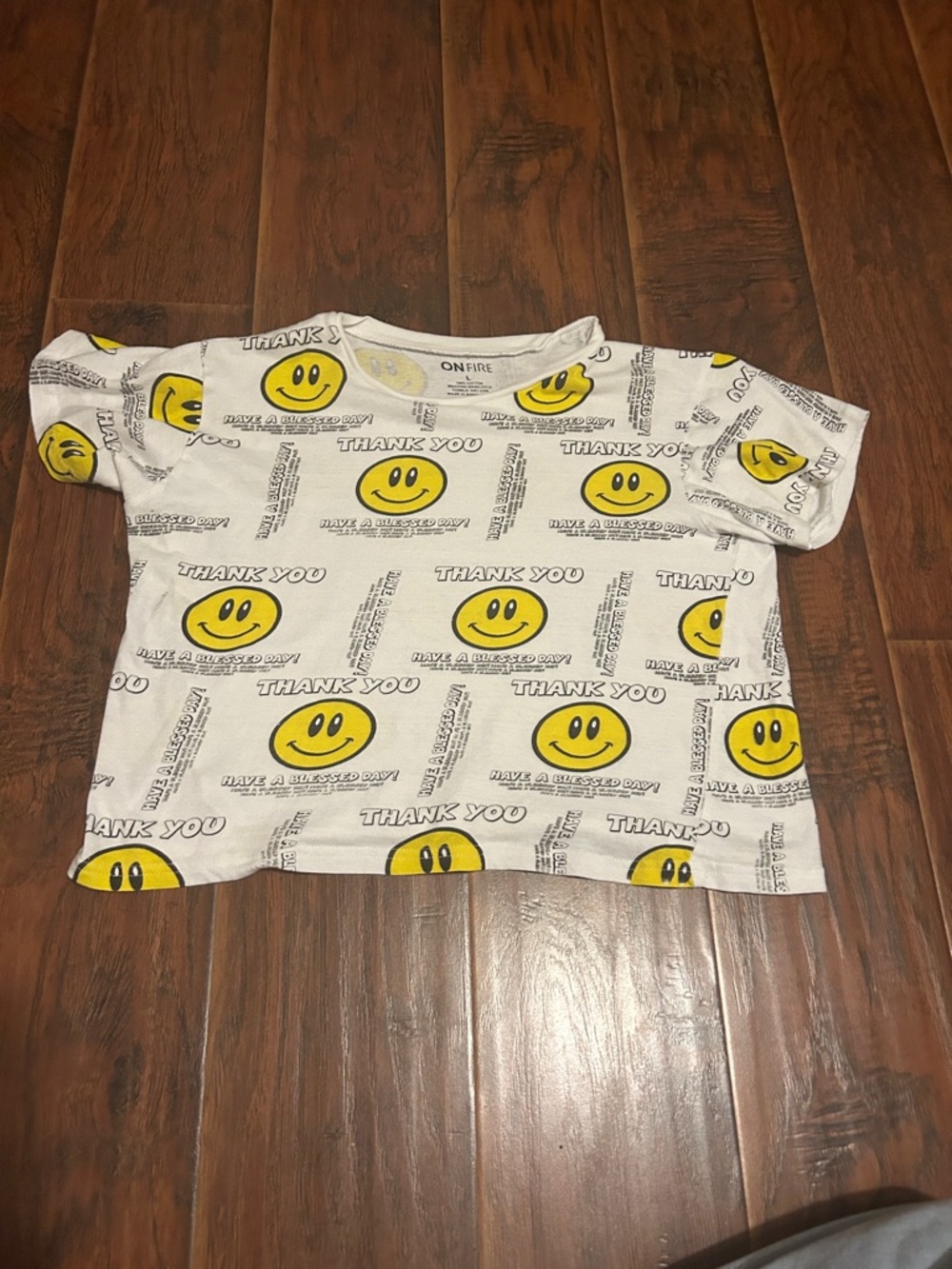 On Fire White Tee with Yellow Smiley Print